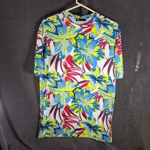 Le 31 Par Simons Blue Red Yellow Tropical Flora Graphic Tee NWOT S (Measures L)